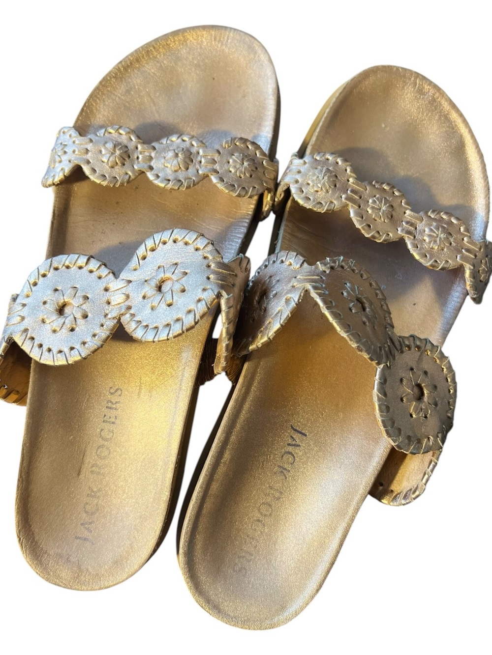 Jack Rogers 10 Rose Gold Leather Double Strap Slide Sandals Whipstitch Medallion - Picture 2 of 5